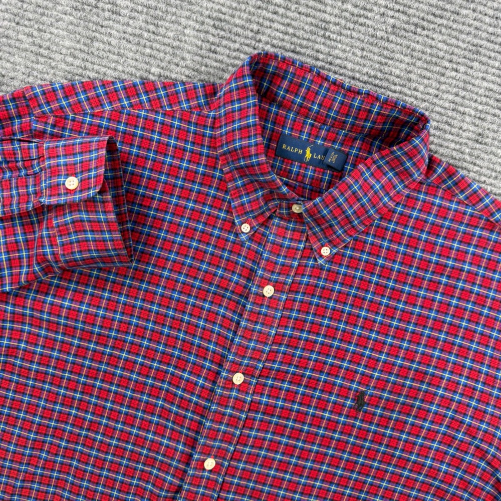 Ralph Lauren Red Blue Plaid Button Down Shirt Mens XXL Cotton Long Sleeve Pony